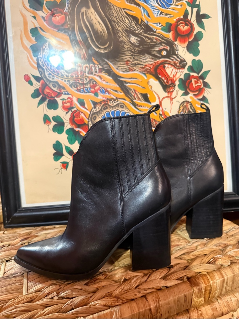 Marc Fisher LTD Alva Black Leather Pointed Toe Block Heel Booties 7.5